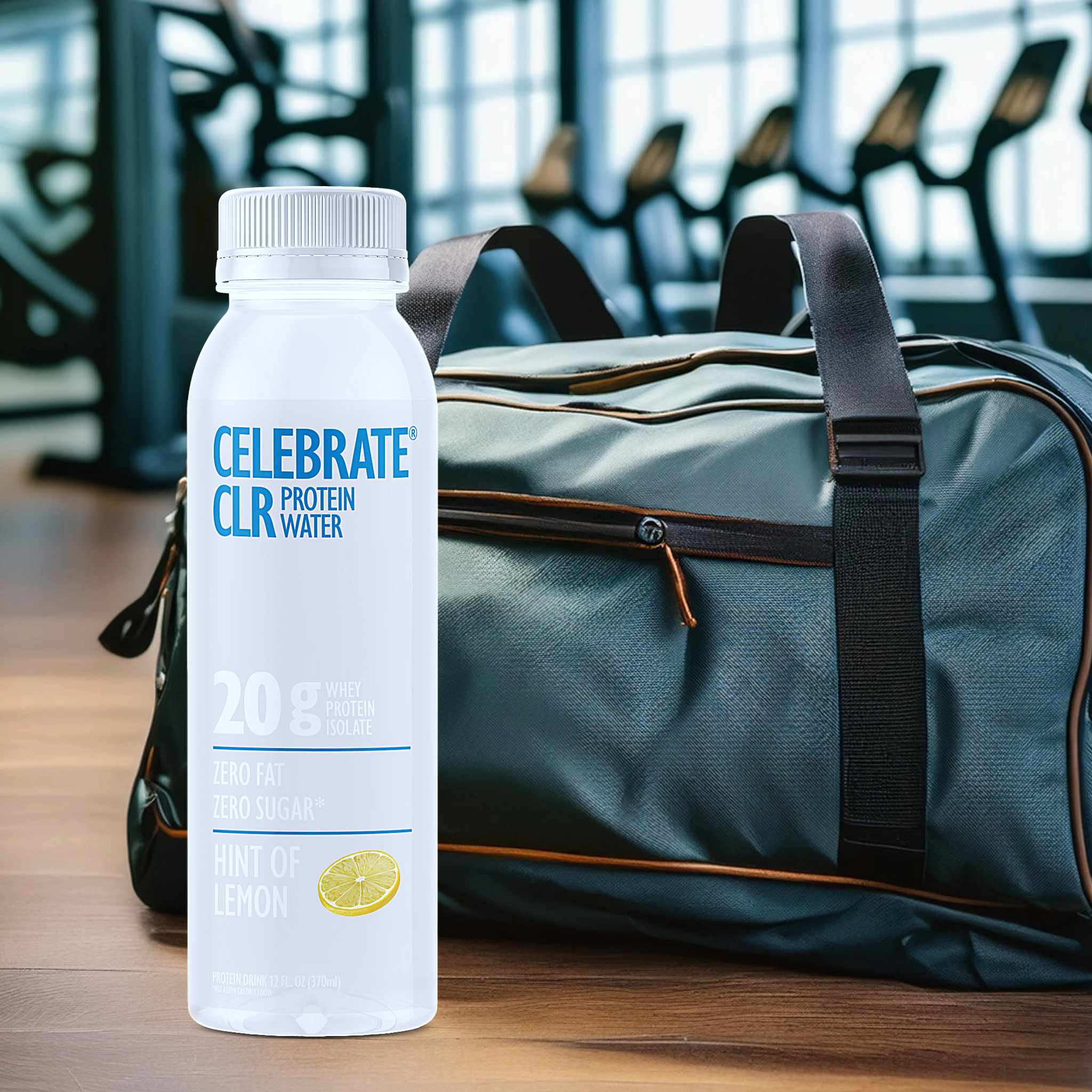 Image showing Celebrate Hint of Lemon single bottle with workout equiptment